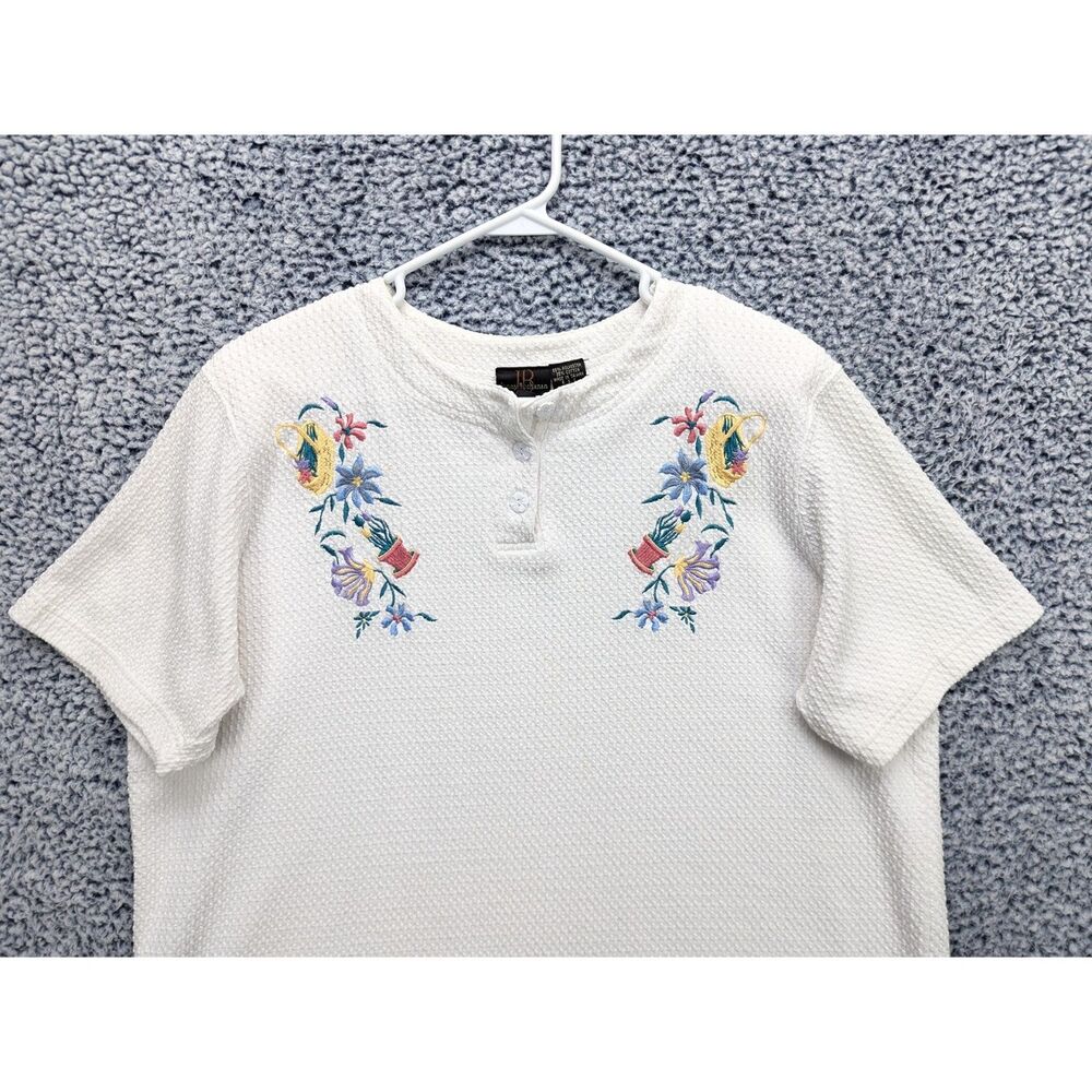 VTG Waffle Knit Floral Embroidered Top Size XL Cottage Granny Garden White - Picture 2 of 12